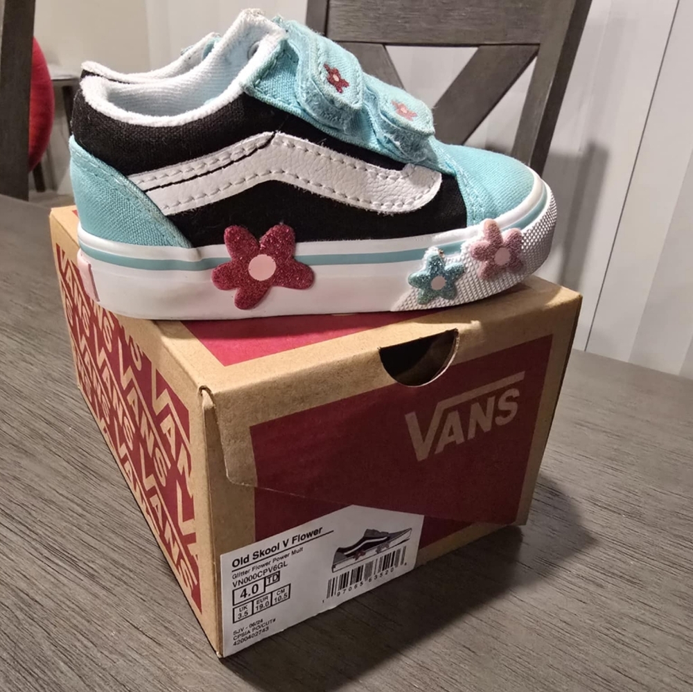 Vans Kids Shoes - Black and Blue with Floral Accents